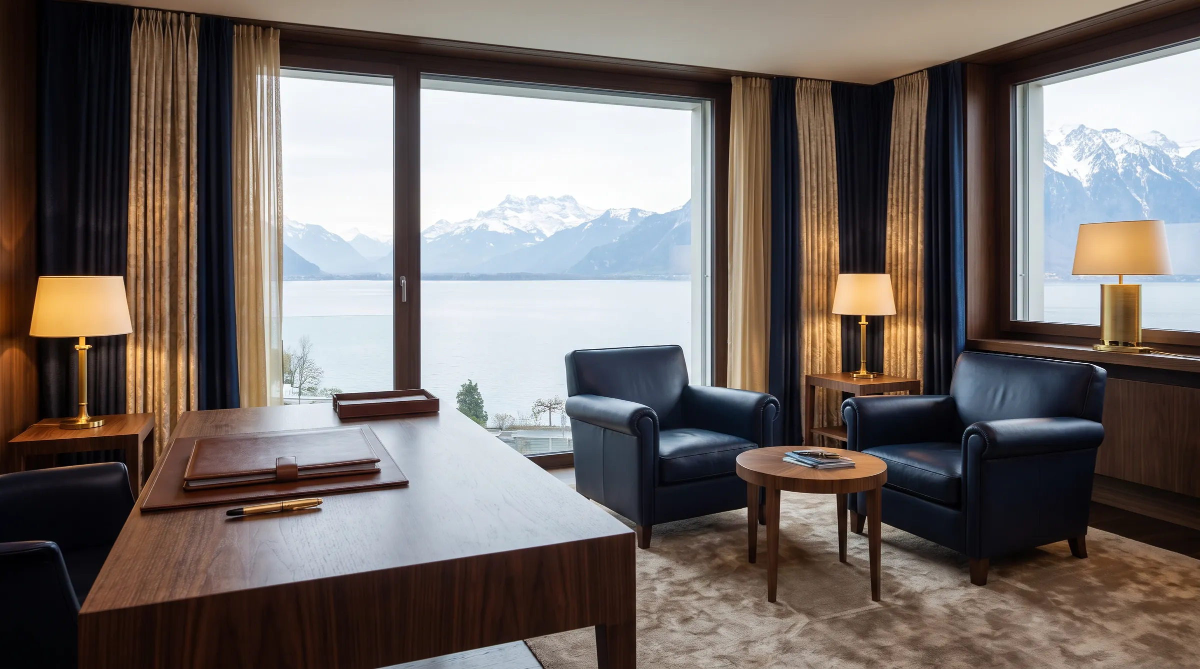 Diskretes Beratungszimmer mit Schreibtisch aus Nussbaum, zwei Ledersesseln und Blick auf See und Alpen