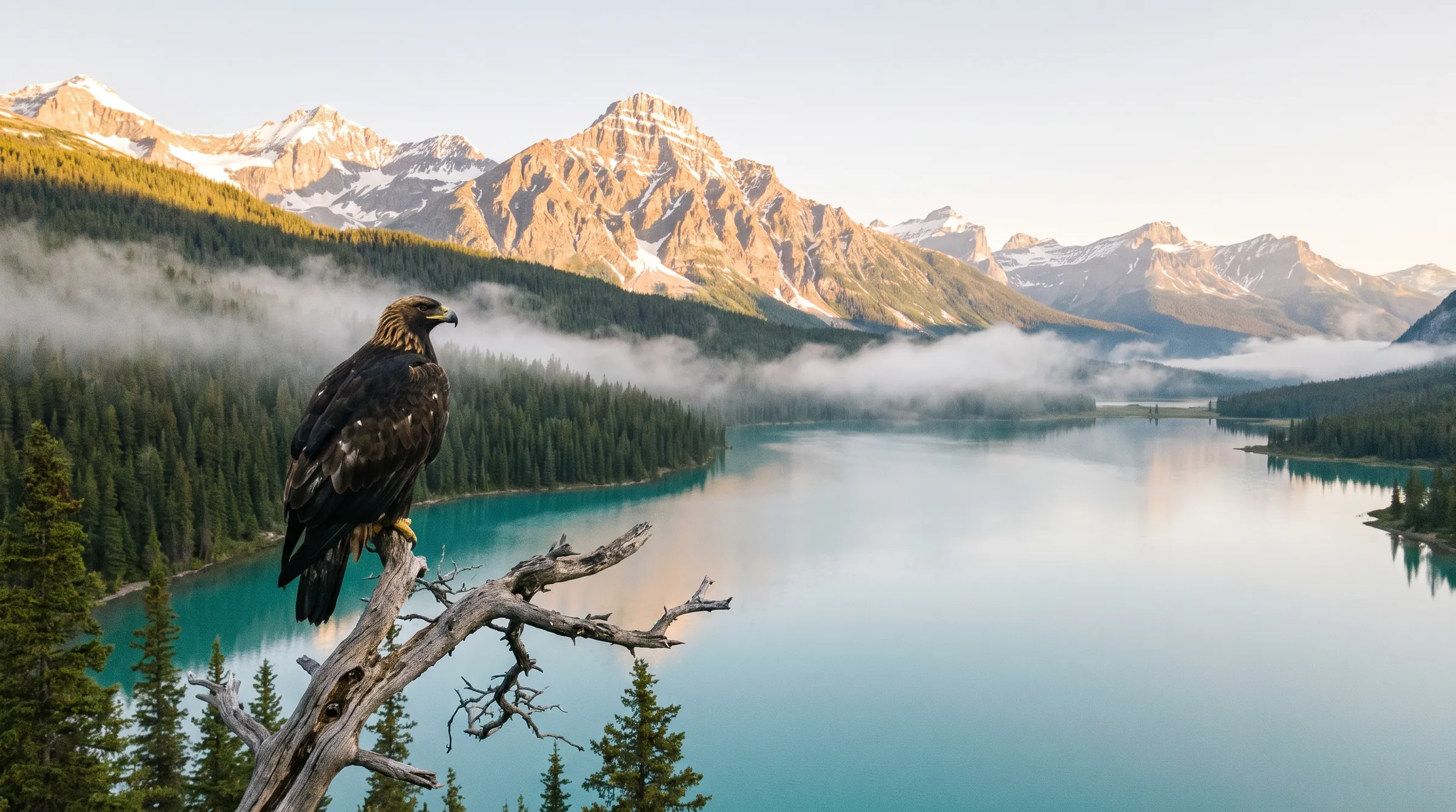 Ein Steinadler auf einem verwitterten Ast über einem türkisfarbenen Bergsee in den kanadischen Rocky Mountains