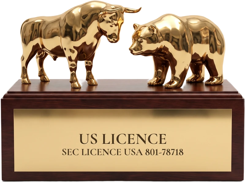 Gold trophy with a bull and a bear on a mahogany base
